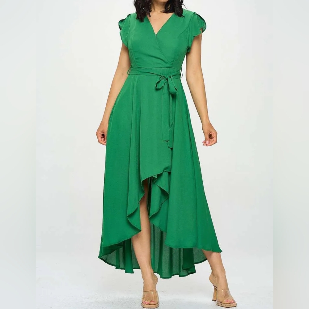 Love Tree Green Wrap Dress Size L High Low Midi Boho Party